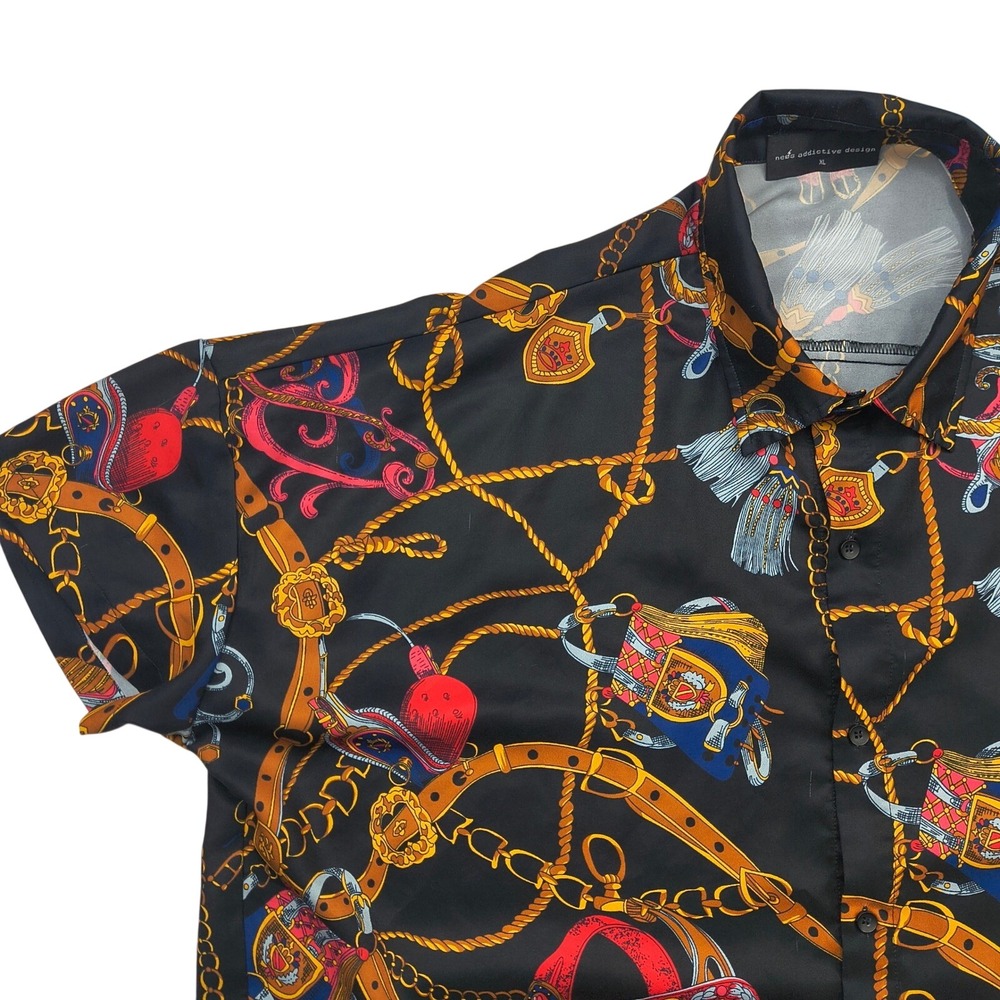 Neos Addictive Design Mens XL Black Equestrian Chain Print Button Down Shirt